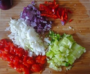 Ingredients: chopped onions, chili, tomatoes and cucumber